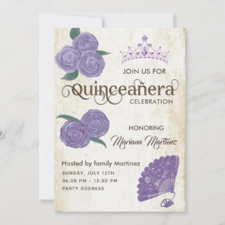 Chic Vintage Hand Fan lila Rose Tiara Quince Einladung