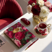 Chic Vintage Rose Red Floral  Monogrammed  Notizblock