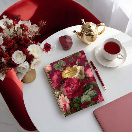Chic Vintage Rose Red Floral  Monogrammed  Notizblock