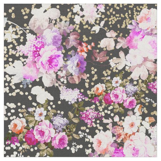 Chic Vintagen Schwarz Rosa Blütengold Confetti Stoff (Nahaufnahme)
