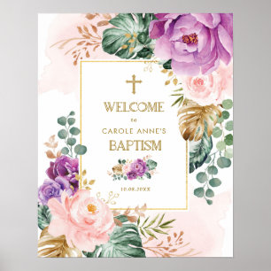 Chic Violet Blush Tropische Blumengrün Taufe Poster