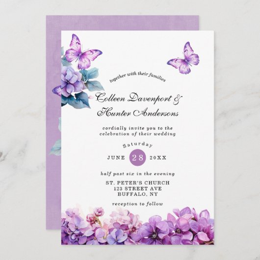 Chic Violet Hydrangea Butterfly Wedding Einladung (Vorne/Hinten)