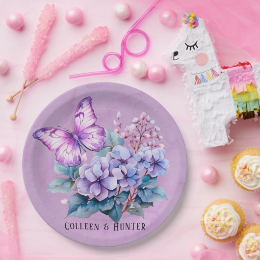 Chic Violet Hydrangea Floral und Butterfly Wedding Pappteller (Party)
