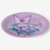 Chic Violet Hydrangea Floral und Butterfly Wedding Pappteller (Schrägansicht)