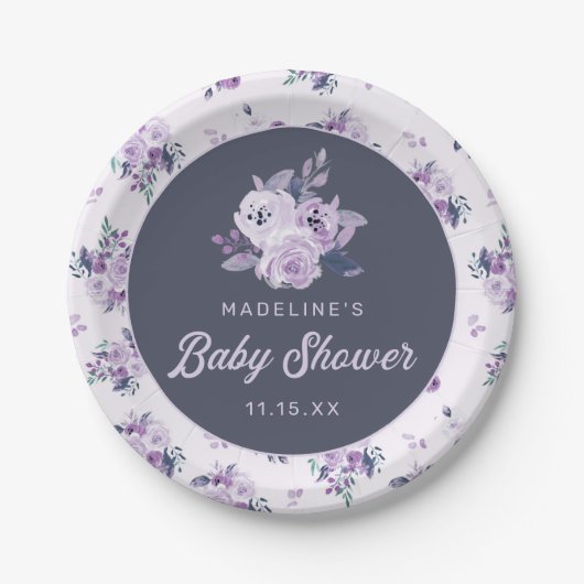 Chic Violet Lavender Lila Floral Baby Dusche Pappteller (Vorderseite)