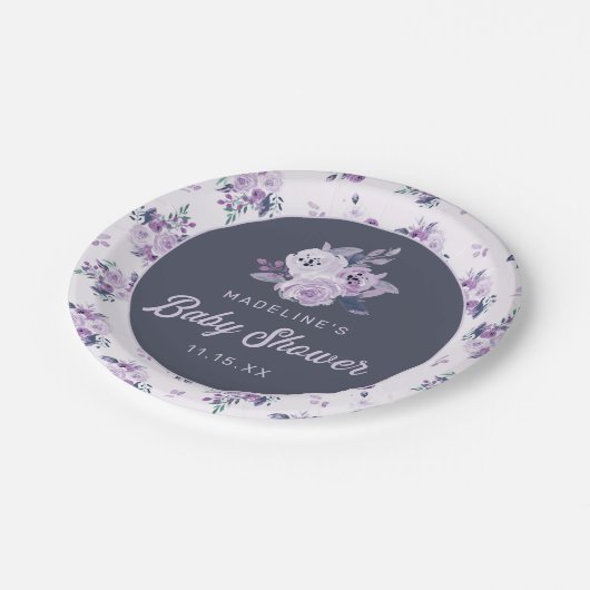 Chic Violet Lavender Lila Floral Baby Dusche Pappteller (Schrägansicht)