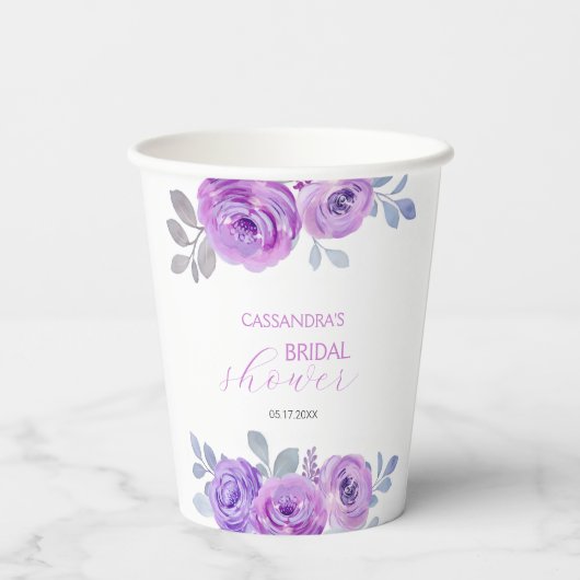 Chic Violet Rose Grüne Blumenbeete Brautparty Pappbecher (Rückseite)