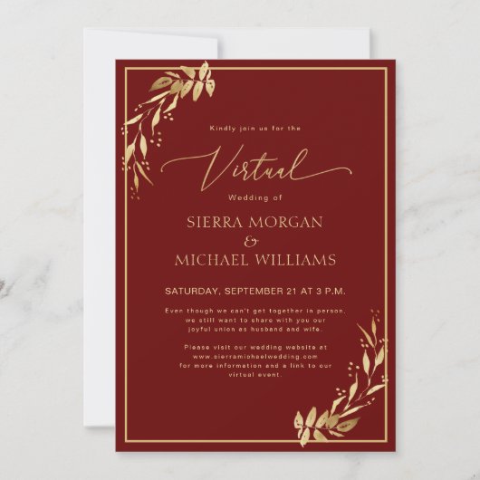 Chic Virtual Burgundy & Golden Foliage Wedding Einladung (Vorderseite)