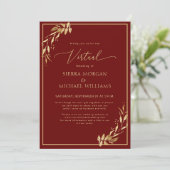 Chic Virtual Burgundy & Golden Foliage Wedding Einladung (Stehend Vorderseite)