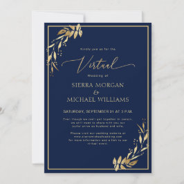 Chic Virtual Navy Blue & Golden Foliage Hochzeit Einladung