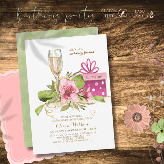 Chic Wasserfarbe Rosa Magnolie Champagner Geburtst Einladung