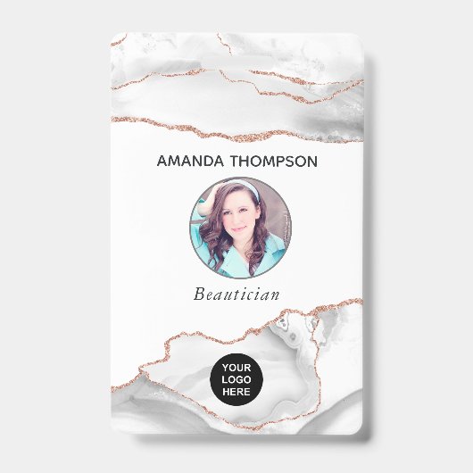 Chic Wasserfarbe Weiß und Rose Gold Agate Business Ausweis (Front)