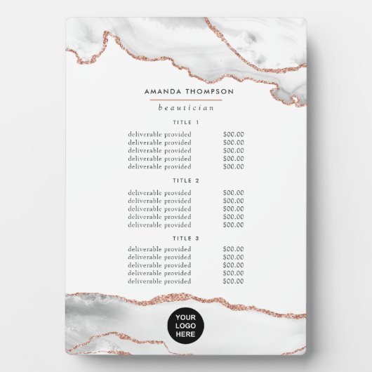 Chic Wasserfarbe Weiß und Rose Gold Agate Business Fotoplatte (Vorderseite)