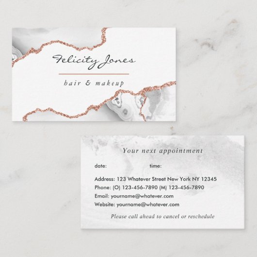 Chic Wasserfarbe Weiß und Rose Gold Agate Business Terminkarte (Vorne/Hinten)
