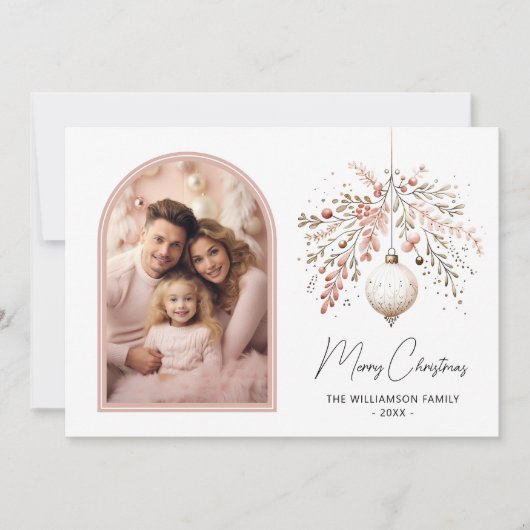 Chic Watercolor Bauble & Family Foto Weihnachten (Vorderseite)