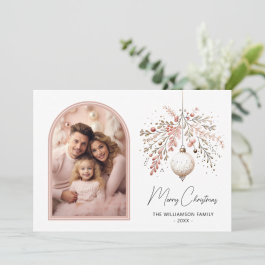 Chic Watercolor Bauble & Family Foto Weihnachten (Stehend Vorderseite)