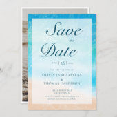 Chic Watercolor Beach Foto Wedding Save the Date Einladung (Vorne/Hinten)