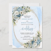 Chic Watercolor Blue Flowers Gold Glitter Wedding Einladung (Vorderseite)