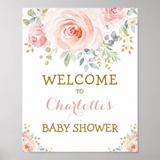 Chic Watercolor Blues Blush Pink Gold Baby Dusche Poster (Vorne)