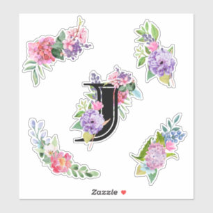 Chic Watercolor-Blume mit Letter J Aufkleber
