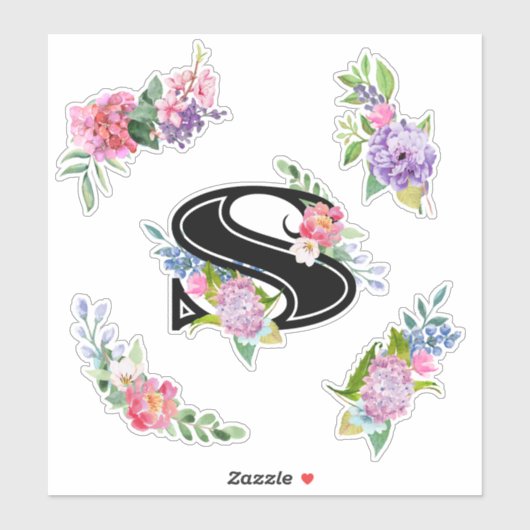 Chic Watercolor-Blume mit Letter S Aufkleber (Blatt)