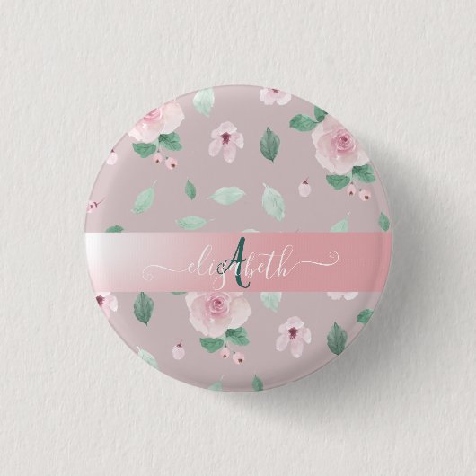Chic Watercolor-Blume Monogramm Button (Vorderseite)