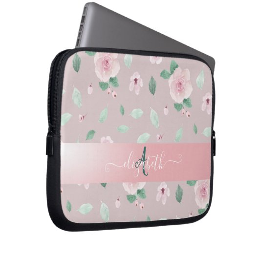 Chic Watercolor-Blume Monogramm Laptopschutzhülle (Vorne Rechts)