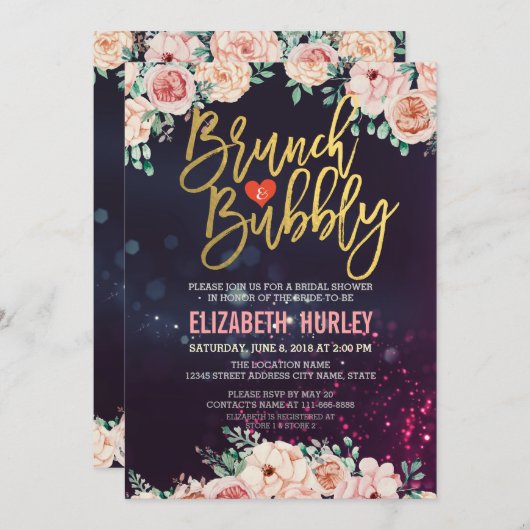 Chic Watercolor Blumenbrunch Bubbly Brautparty Einladung (Vorne/Hinten)