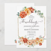 Chic Watercolor Blumenpfirsich, Gold, Orangefarben Einladung (Vorne/Hinten)