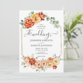 Chic Watercolor Blumenpfirsich, Gold, Orangefarben Einladung