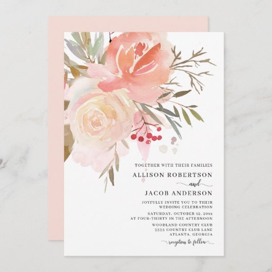 Chic Watercolor Blush Pink Blume Hochzeit Einladung (Vorne/Hinten)