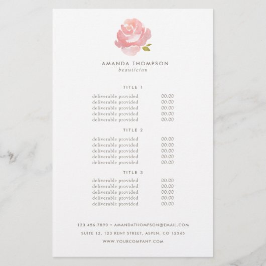 Chic Watercolor Blush Pink Rose Preise & Services Flyer (Vorne)
