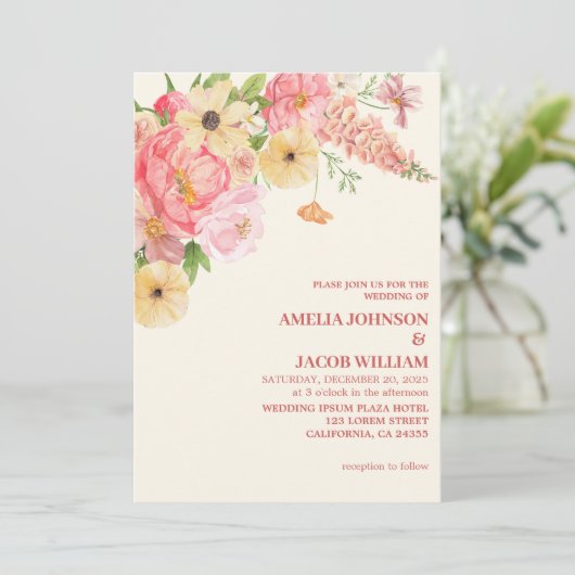 Chic Watercolor Blütenbutter, gelber Pfirsich Hoch Einladung (Stehend Vorderseite)