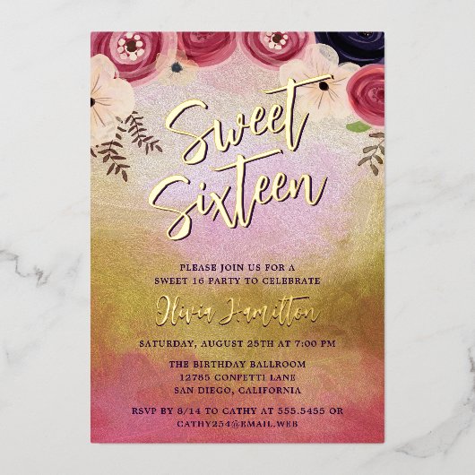 Chic Watercolor Blütencreme Sweet 16 Foil Einladun Folieneinladung (Vorderseite)