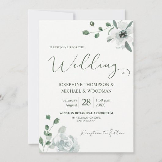 Chic Watercolor Botanical Green Wedding Script Einladung (Vorderseite)