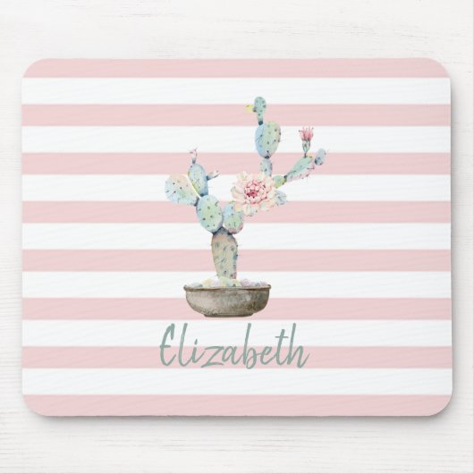Chic Watercolor Cactus, Pink Stripes Mousepad (Vorne)