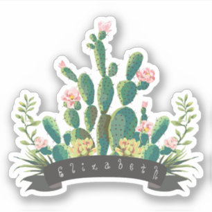 Chic Watercolor Cactus Planter Personalisiert Name Aufkleber