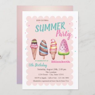 Chic Watercolor Eiscreme Sommer Geburtstagsparty Einladung