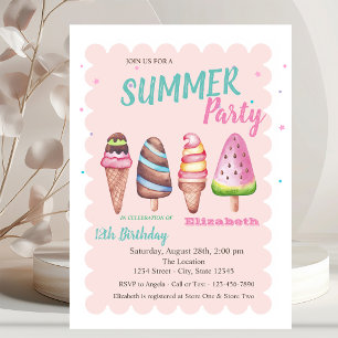 Chic Watercolor Eiscreme Sommer Geburtstagsparty Einladung