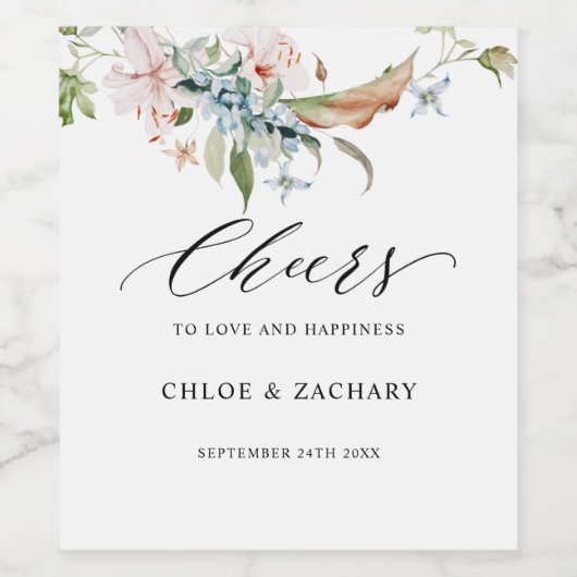 Chic Watercolor Erdblüten, Beifall Hochzeit Weinetikett (Einzelnes Label)