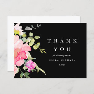 Chic Watercolor Floral Baby Dusche Danke Black Postkarte