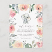 Chic Watercolor Floral Elephant Baby Girl Dusche Einladungspostkarte (Vorderseite)