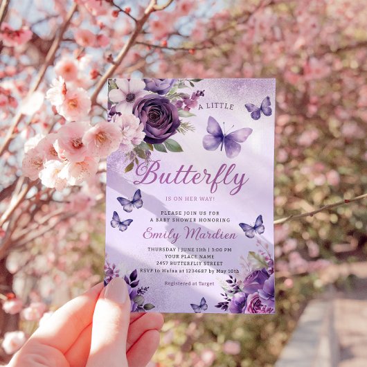 Chic Watercolor Floral Girl Butterfly Babydusche Einladung