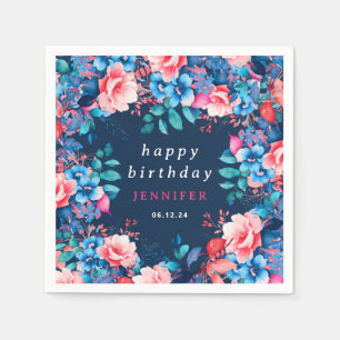 Chic Watercolor Floral Happy Birthday Navy Blue Serviette