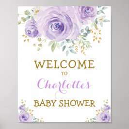 Chic Watercolor Floral Lila Gold Baby Dusche Poster