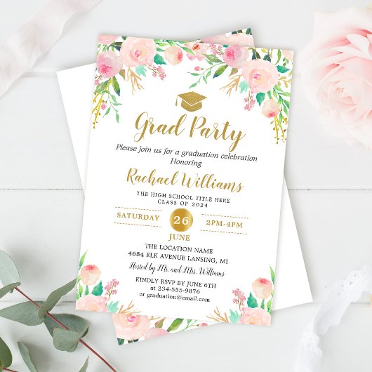 Chic Watercolor Floral Pink Gold Graduation Party Einladung