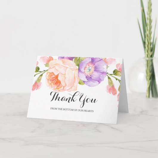 Chic Watercolor Floral Wedding Thank You Dankeskarte (Vorderseite)