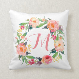 Chic Watercolor Floral Wreath Monogram Kissen