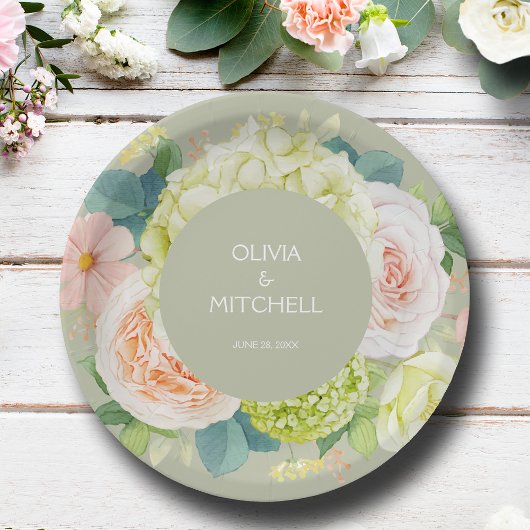 Chic Watercolor Florals Sage Green Wedding Pappteller
