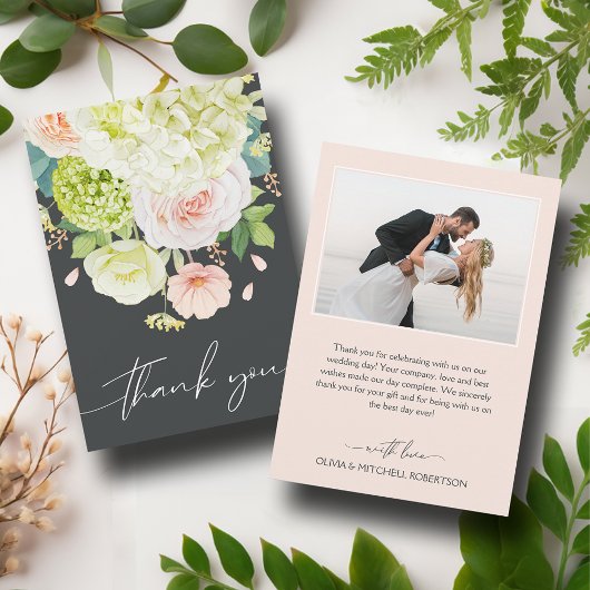 Chic Watercolor Florals Wedding Foto Dankeskarte